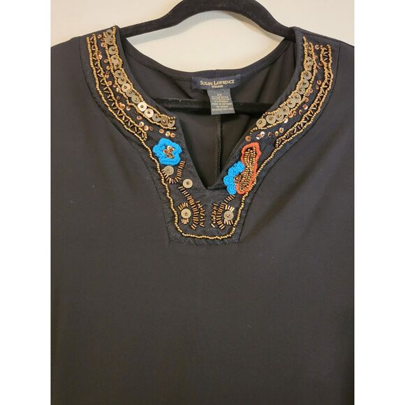 NWOT Susan Lawrence Black Beaded V Neck 3/4 Sleeve Tunic Top Women Size 2x. - Picture 4 of 5
